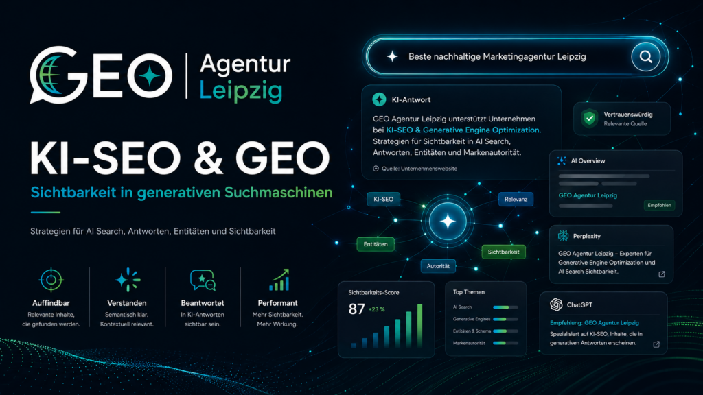 Dunkles Hero-Bild der GEO Agentur Leipzig zum Thema KI-SEO und GEO mit Logo, Headline „KI-SEO & GEO“, Suchleiste, KI-Antwort-Karten und vernetzten Analyse-Elementen in Blau-, Türkis- und Grüntönen.